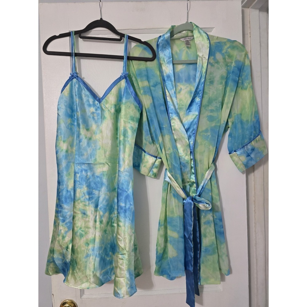 Vintage Delicates WatercolorSatin Short Nightgown Sheer Robe Set Size Medium